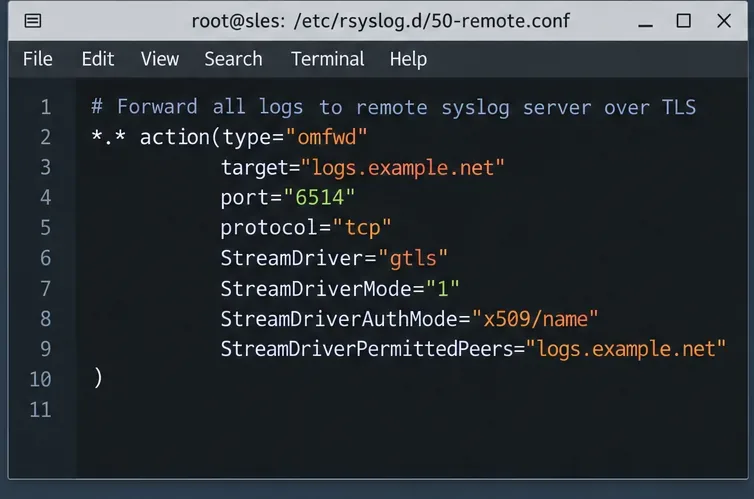 Der Konfigurationseditor zeigt eine rsyslog omfwd-Aktion an, die auf logs.example.net auf Port 6514 mit TLS-Zertifikatsnamensprüfung abzielt.
