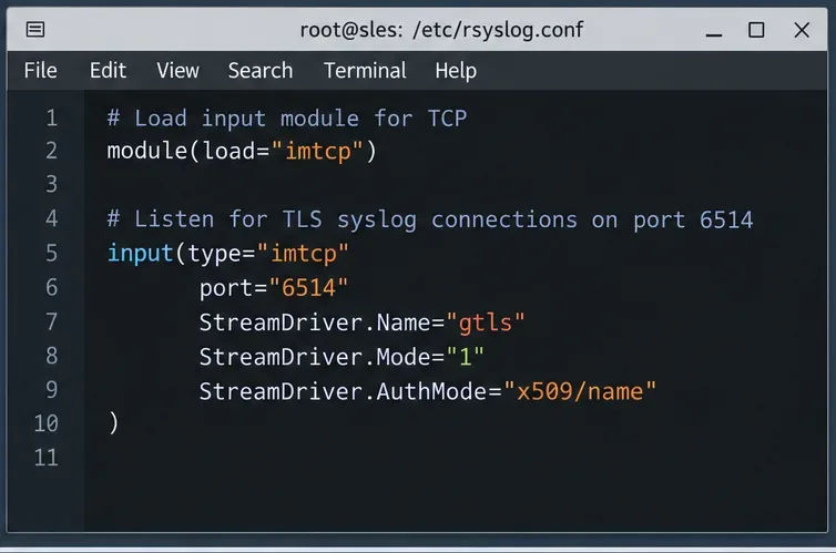 Konfigurationseditor, der einen rsyslog imtcp-Listener auf TCP-Port 6514 mit gtls- und x509/Namensauthentifizierung anzeigt.