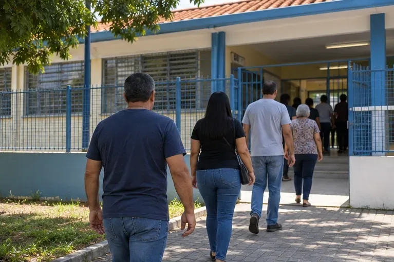 Eleitores caminham em direção à entrada de uma escola pública usada como local de votação.