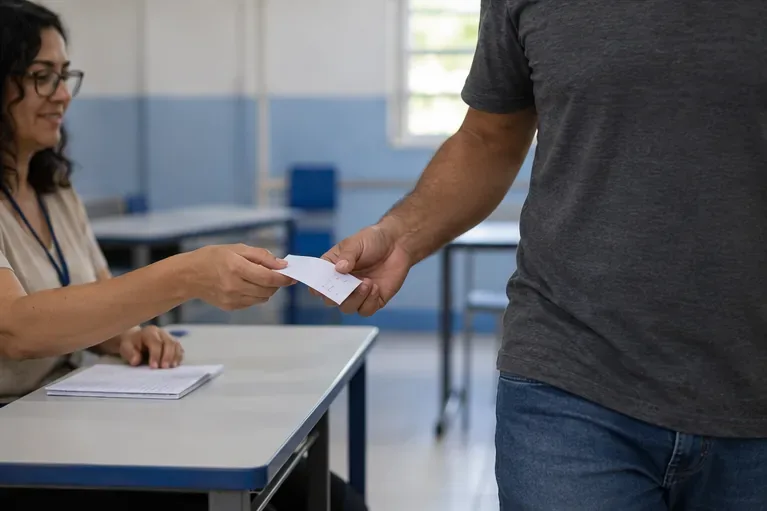Uma mesária entrega uma folha de papel a um eleitor diante de uma mesa.