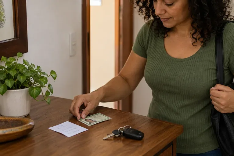 Uma eleitora separa um documento de identificação com foto e uma anotação em papel sobre uma mesa, ao lado de chaves.