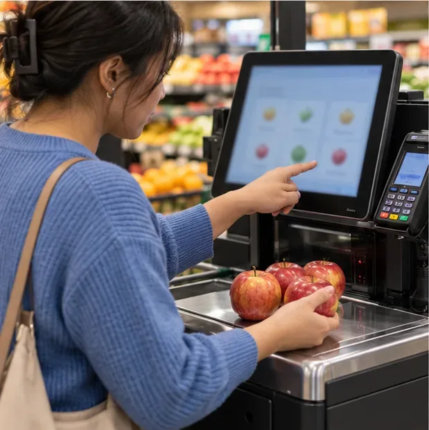 A shopper selects apples on a self-checkout produce screen beside loose apples on the scale.