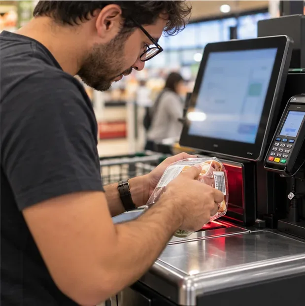 A shopper repositions a packaged grocery item to present its barcode to the self-checkout scanner.