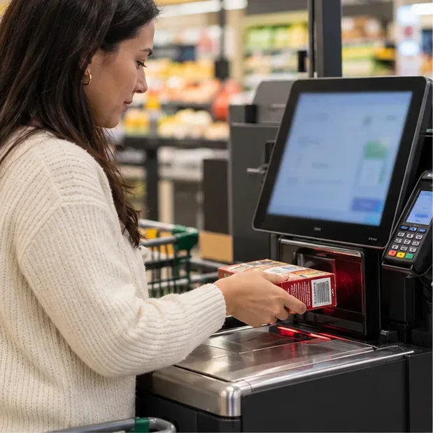 A shopper scans a boxed grocery item at the barcode reader on a self-checkout kiosk.