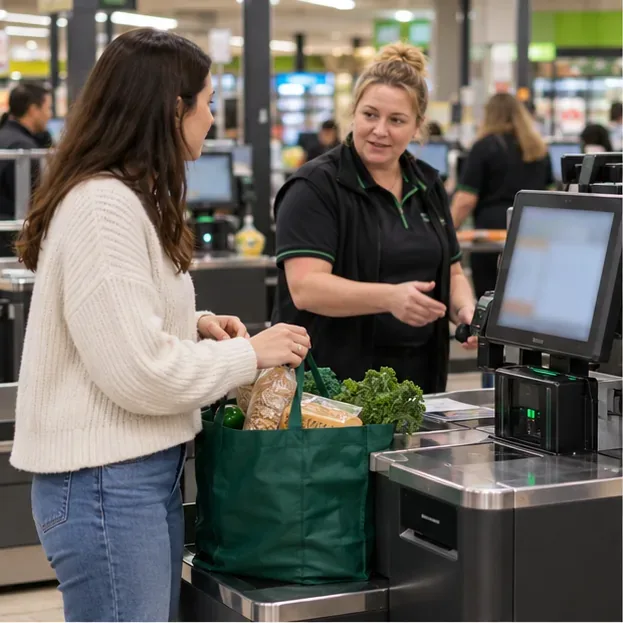 A shopper pauses at a self-checkout while a store employee comes over to help with a screen prompt.