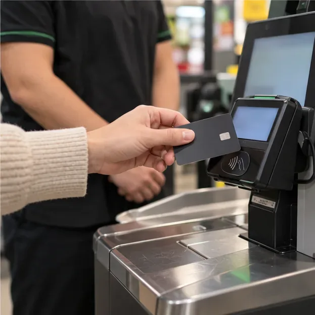 A shopper taps a bank card on the contactless payment terminal at a self-checkout.