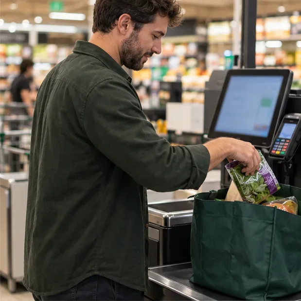 A shopper places a scanned grocery item into a reusable bag on the self-checkout bagging platform.