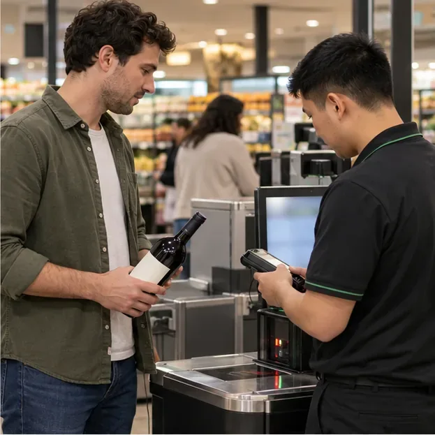 An adult shopper waits with a wine bottle while a team member checks the purchase at a self-checkout.