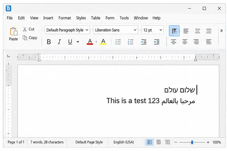 Writer document with a right-aligned Hebrew paragraph and a mixed Arabic-English line for checking text flow.