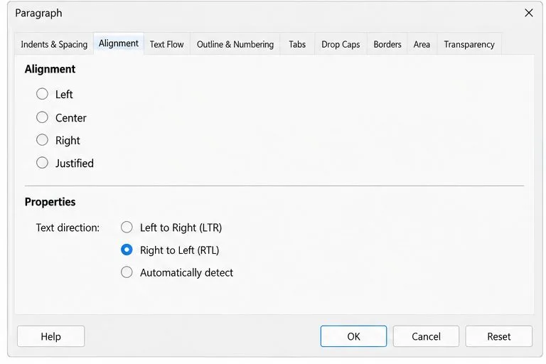 LibreOffice Paragraph dialog on the Alignment tab with Right to Left (RTL) selected under Properties.