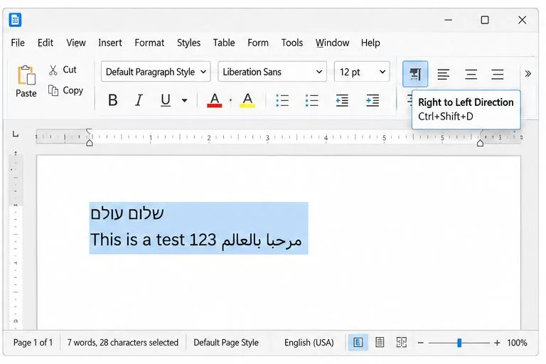 LibreOffice Writer toolbar highlighting the Right to Left direction control and the Ctrl+Shift+D shortcut.