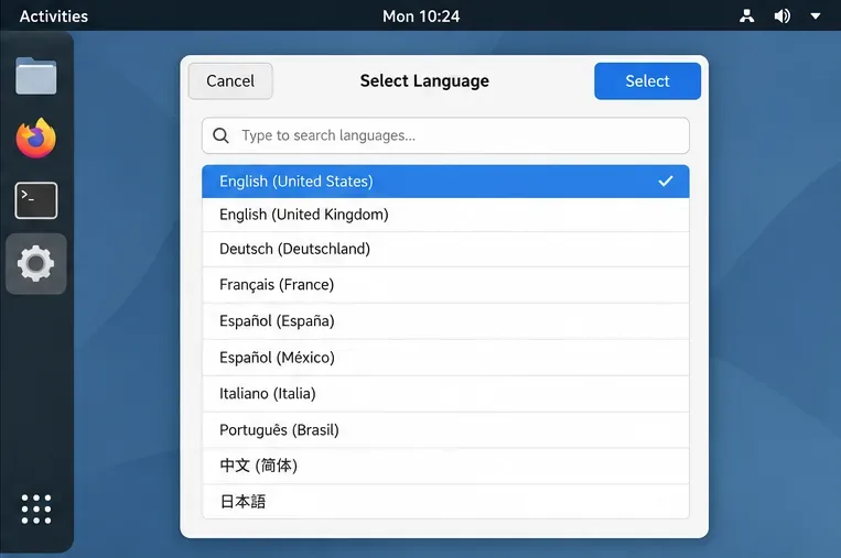 A conceptual language selection dialog with English (United States) highlighted