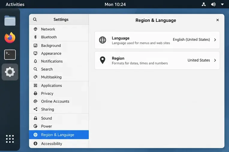 A conceptual GNOME Region & Language settings panel with Language and Region rows