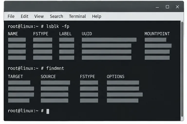 A Linux terminal showing lsblk and findmnt commands for reviewing storage devices and mount points