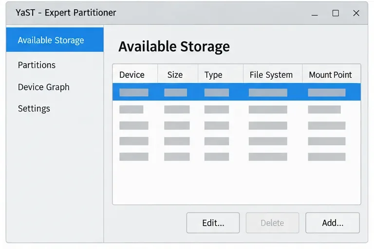 The YaST Expert Partitioner Available Storage view with a selected partition row
