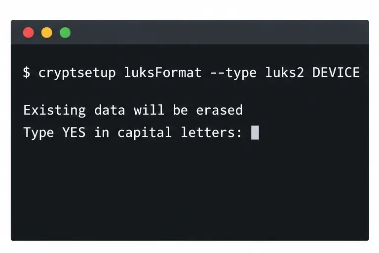 A terminal showing the cryptsetup luksFormat command and a warning that existing data will be erased