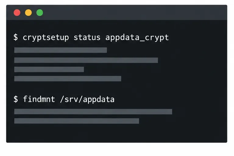 Terminal commands for checking cryptsetup mapping status and the mounted appdata filesystem