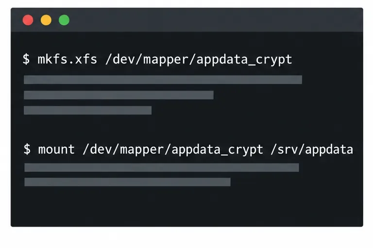 A terminal showing mkfs.xfs on the unlocked mapper device and mounting it at srv appdata