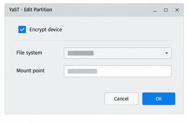 A YaST Edit Partition dialog with Encrypt device checked and filesystem and mount point fields