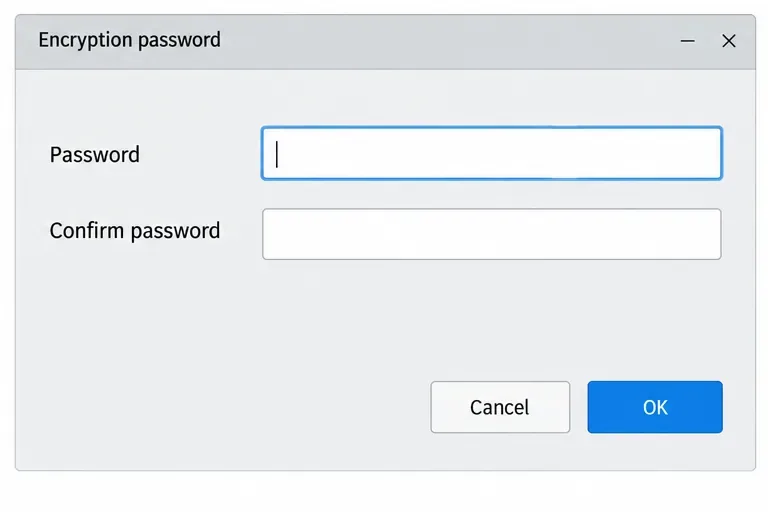 An encryption password dialog with empty password and confirmation fields
