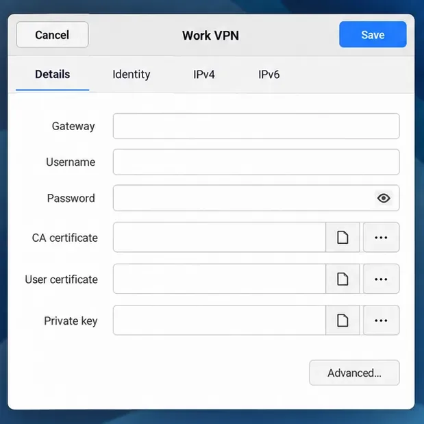 نموذج أولي لمحرر ملف تعريف OpenVPN مع حقول فارغة للبوابة، واسم المستخدم، وكلمة المرور، وشهادة المرجع المصدق، وشهادة المستخدم، والمفتاح الخاص