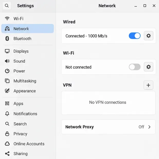 لوحة إعدادات الشبكة العامة تعرض قسم VPN وزر علامة الجمع (+) بدون إضافة أي ملف تعريف VPN