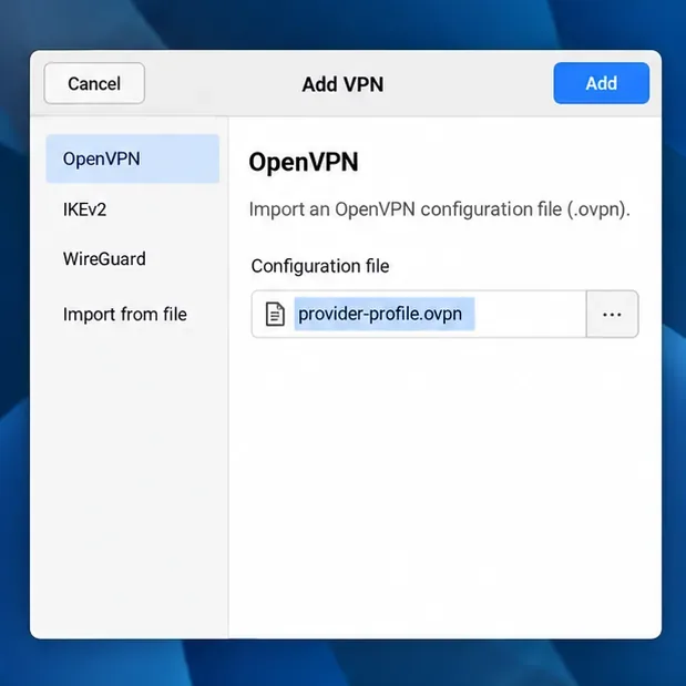 قم بإعداد شبكة VPN من نوع Pardus باستخدام ملف تعريف مقدم من مزود الخدمة