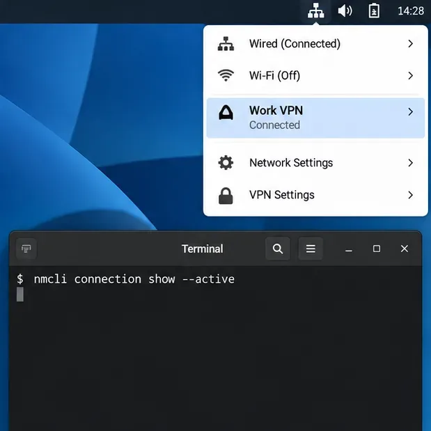 قائمة شبكة سطح المكتب العامة تُظهر اتصال VPN الخاص بالعمل أعلى نافذة طرفية مع عرض اتصال nmcli --active