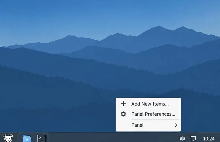 An XFCE desktop shows a bottom panel and its right-click menu with Add New Items and Panel Preferences.