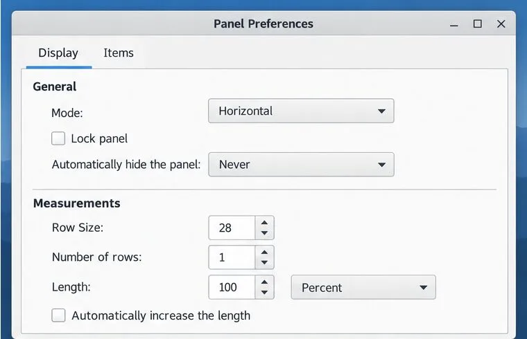 XFCE Panel Preferences shows Horizontal mode, the panel lock and auto-hide settings, row size, number of rows, and length controls.