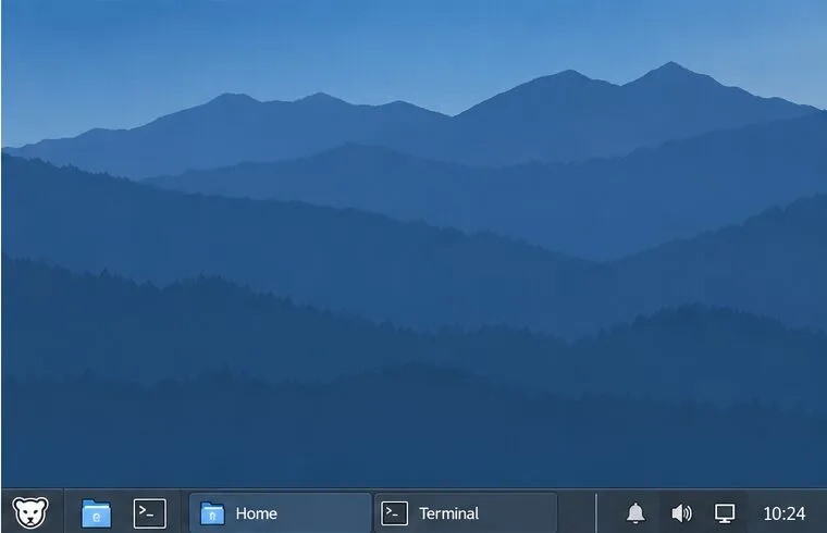 A Pardus-style XFCE desktop shows a completed bottom panel with a menu at left, launchers and open-window buttons in the center, and status icons and a clock at right.