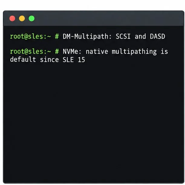 تُفرّق مقارنة طرفية بين SLES DM-Multipath لـ SCSI أو DASD وتعدد المسارات الأصلي لـ NVMe