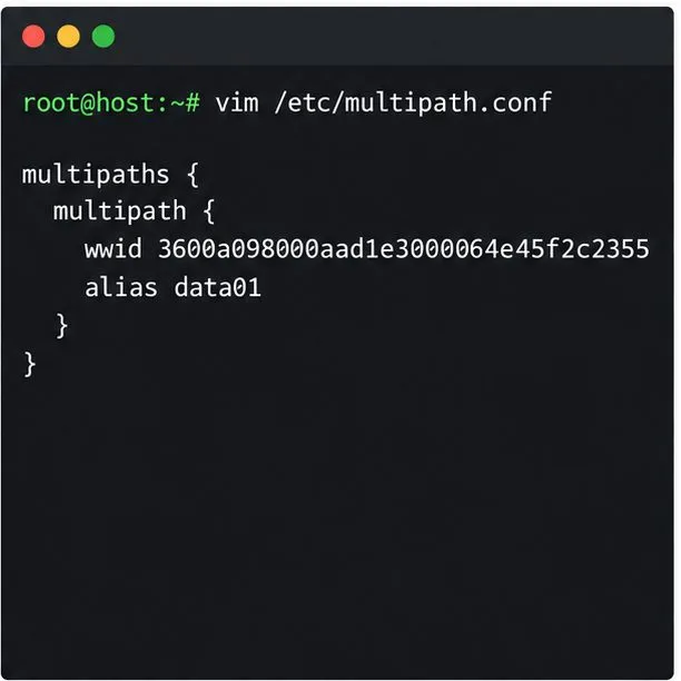 يعرض محرر النصوص إدخالاً بسيطاً في ملف multipath.conf يربط معرف WWID واحد بالاسم المستعار data01