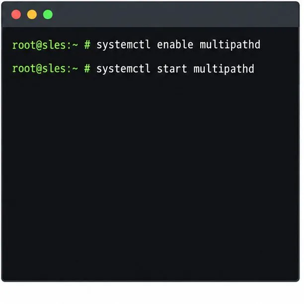 يقوم طرفية systemctl بتمكين وتشغيل multipathd، ثم يتحقق من حالته النشطة