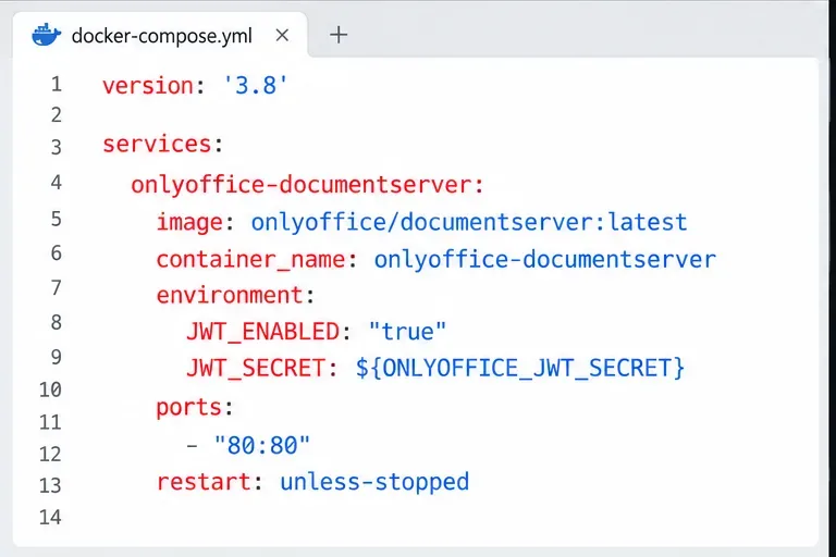 مقتطف من خدمة Docker Compose: ضبط JWT_ENABLED على القيمة true و JWT_SECRET من متغير بيئة محمي