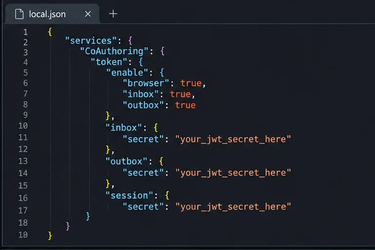 مقتطف من ملف local.json الخاص بـ ONLYOFFICE يحتوي على نفس العناصر السرية البديلة للبريد الوارد والصادر والجلسة