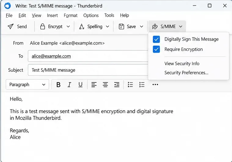 Fenêtre de composition de Thunderbird adressée à alice@example.com avec les options de signature et de chiffrement activées