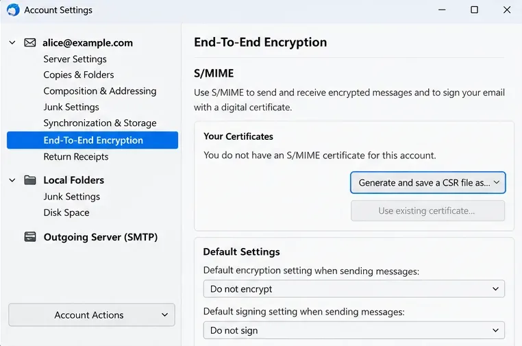 Section S/MIME de Thunderbird avec bouton « Générer et enregistrer un fichier CSR »
