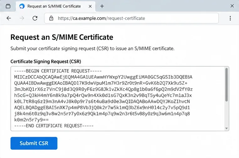 Formulaire de demande d'autorité de certification affichant le texte de la demande de signature de certificat PEM et un bouton « Soumettre la CSR ».