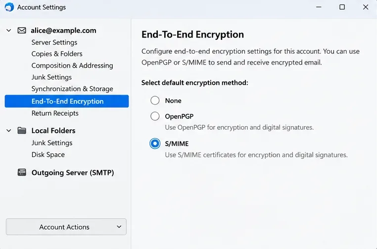 Paramètres du compte Thunderbird avec le chiffrement de bout en bout sélectionné pour alice@example.com et S/MIME comme méthode de sécurité
