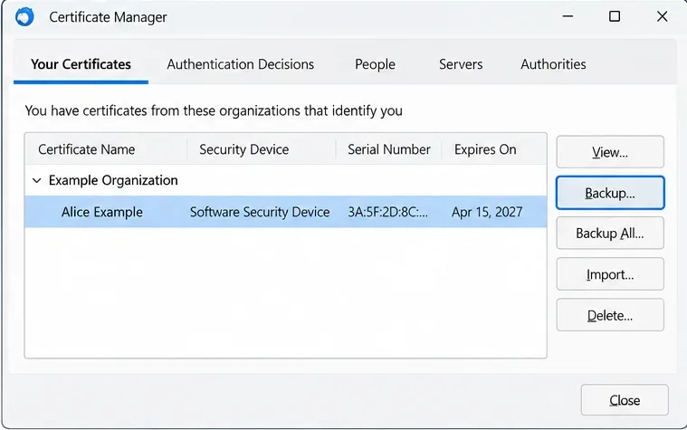 Onglet « Vos certificats » de Thunderbird, avec un certificat personnel sélectionné et le bouton « Sauvegarder » mis en évidence.
