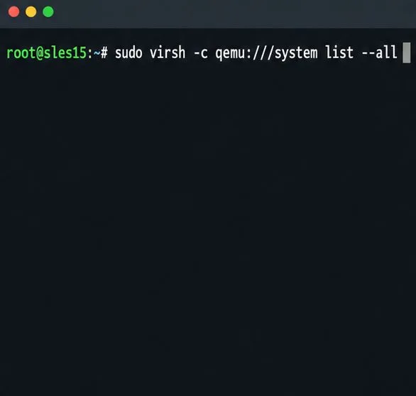 يعرض الطرفية الأمر sudo virsh -c qemu:///system list --all لعرض نطاقات libvirt الخاصة بالنظام.