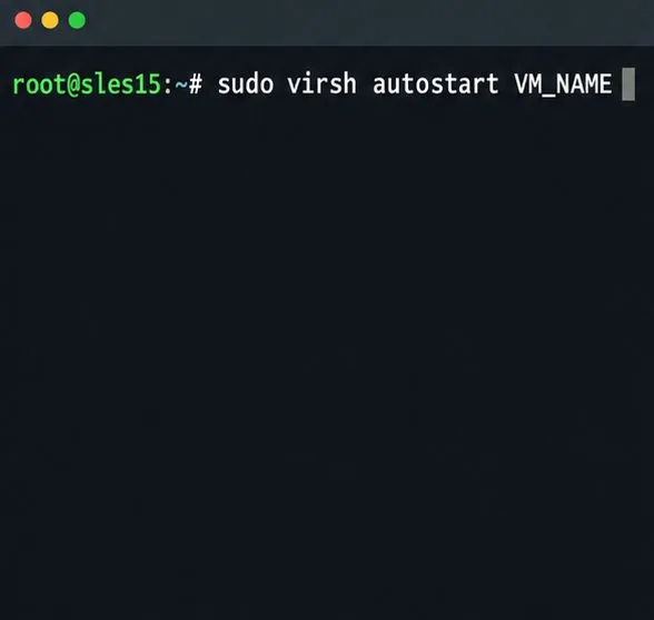 يعرض الطرفية الأمر sudo virsh autostart VM_NAME، وهو الأمر الخاص بتمكين بدء تشغيل وقت التمهيد لمجال واحد.