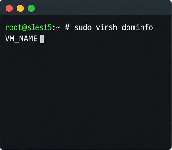 يعرض الطرفية الأمر sudo virsh dominfo VM_NAME لفحص تفاصيل تكوين نطاق الضيف.