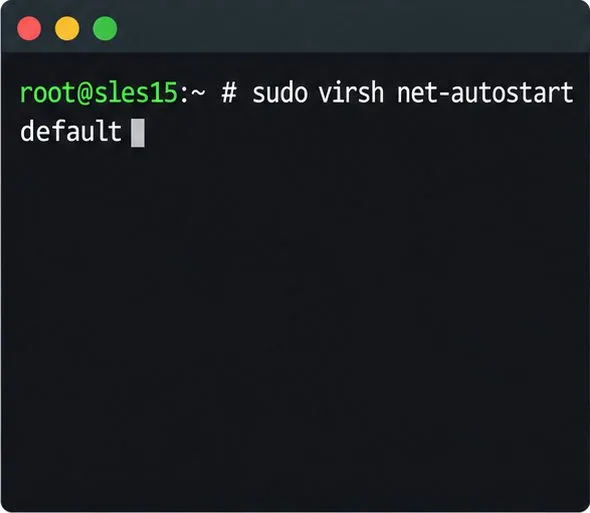 يعرض الطرفية الأمر sudo virsh net-autostart default لتمكين التشغيل التلقائي لشبكة libvirt الافتراضية.