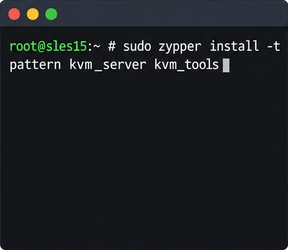 يعرض طرفية أمر Zypper لتثبيت أنماط kvm_server و kvm_tools على SLES.