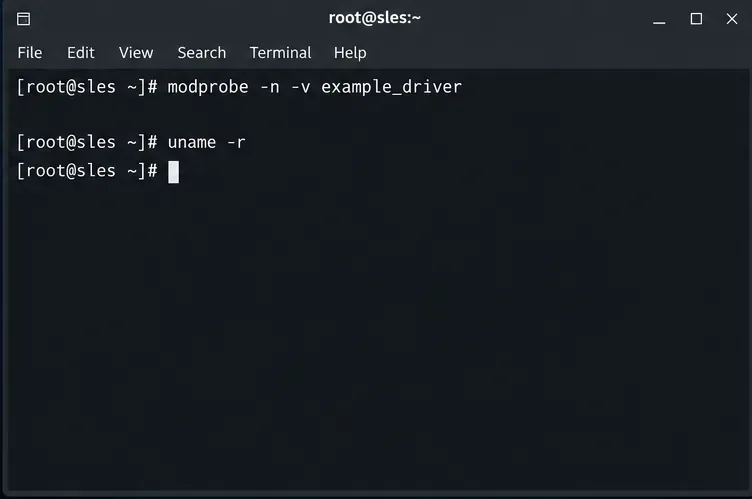 طرفية تحتوي على أمر modprobe لتشغيل برنامج التشغيل التجريبي example_driver وفحص إصدار النواة باستخدام الأمر uname -r
