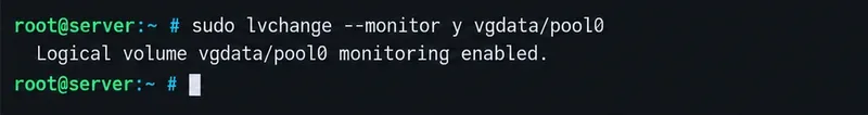 Terminal showing lvchange --monitor y vgdata/pool0 and an enabled monitoring message
