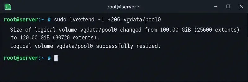 Terminal showing lvextend -L +20G vgdata/pool0 followed by a logical volume resize message from 100 to 120 GiB