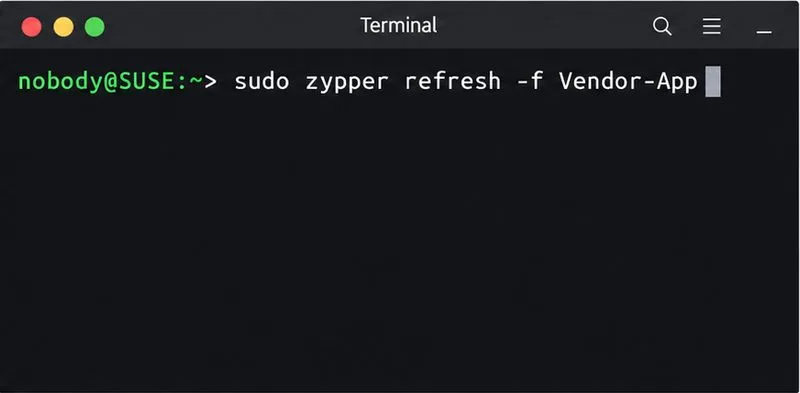 Команда `zypper refresh` нацелена только на псевдоним репозитория Vendor-App.